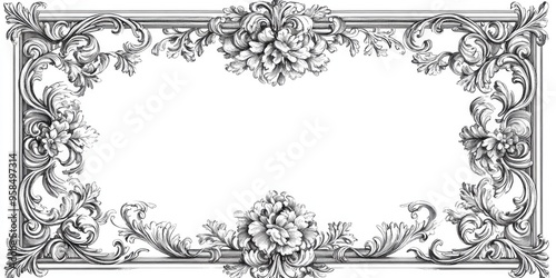 Line art illustration of a vintage baroque frame featuring scroll ornaments floral patterns and acanthus foliage in an antique style ideal for decorative and calligraphic uses photo