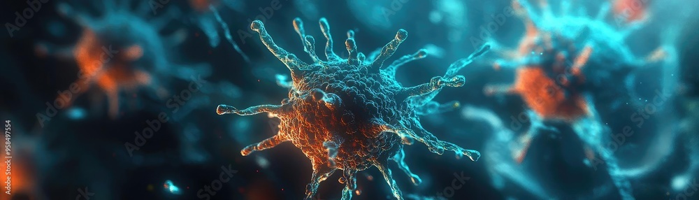 A vibrant, detailed illustration of a virus structure, showcasing its complex design and intricate features under microscopic view. A vibrant, detailed illustration of a virus structure, showcasing its complex design and intricate features under microscopic view.