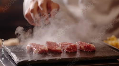 Closeup of raw meat sizzling on a hot stone with smoke.