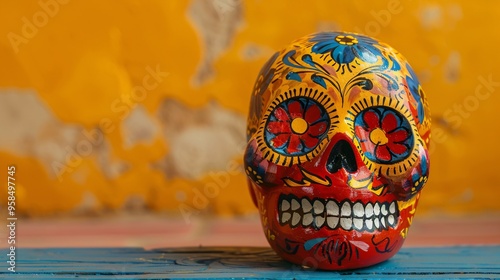 Mexican sugar skull on solid color background with copy space. Day of the Dead.