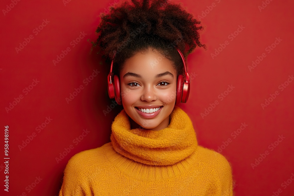 Smiling woman in headphones. This image is perfect for illustrating a blog about music, audio equipment, or the joy of listening to music. Smiling woman in headphones. This image is perfect for illustrating a blog about music, audio equipment, or the joy of listening to music.