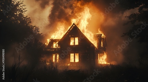 Old wooden house set ablaze at night, fierce flames consuming structure, intense firelight casting eerie shadows, swirling smoke, powerful insurance imagery