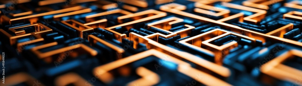 Close-up view of a complex maze pattern with vibrant orange and black details, symbolizing challenges and strategies. Close-up view of a complex maze pattern with vibrant orange and black details, symbolizing challenges and strategies.