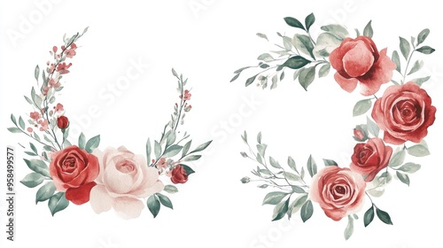 Delicate Watercolor Floral Arrangements Featuring Lush Red Roses and Green Leaves