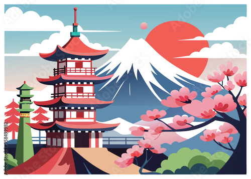 Japanese Illustration Traditional Pagoda, Mount Fuji, and Cherry Blossoms background