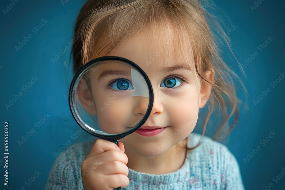 A young girl looks through a magnifying glass. A perfect photo to represent curiosity and the joy of learning. A young girl looks through a magnifying glass. A perfect photo to represent curiosity and the joy of learning.
