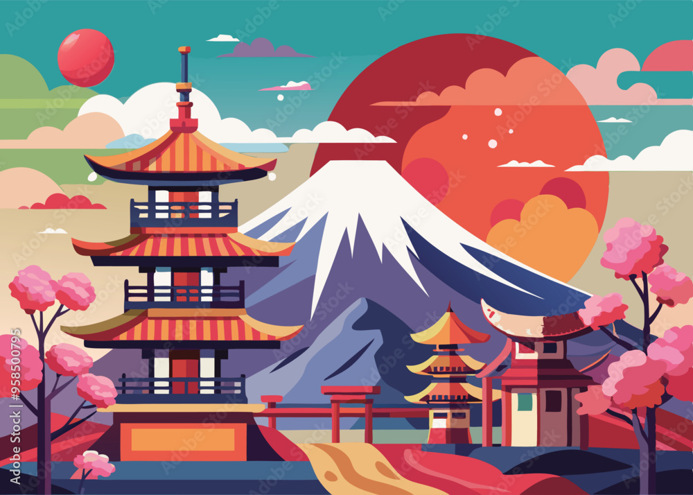 Fototapeta premium Japanese Illustration Traditional Pagoda, Mount Fuji, and Cherry Blossoms background