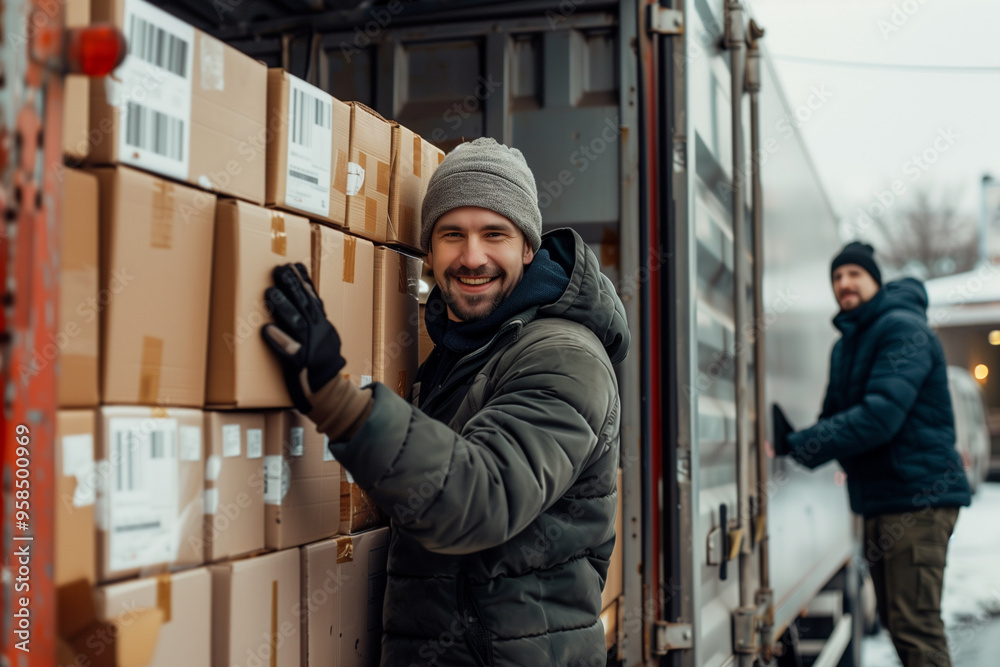 Man movers worker unloading cardboard boxes from truck. Professional delivery and moving service Man movers worker unloading cardboard boxes from truck. Professional delivery and moving service