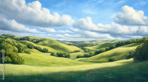 Oil painting depicting a lush meadow set against rolling green hills featuring a blue sky with clouds evoking a sense of exploration and connection with nature