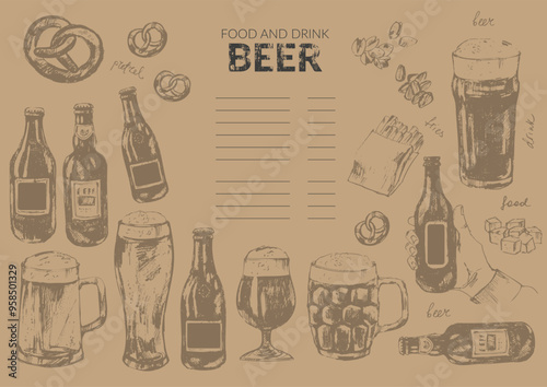 Vector beer background on craft brown paper. Beer bottles, glass, mug, snacks, hand holding beer bottle.