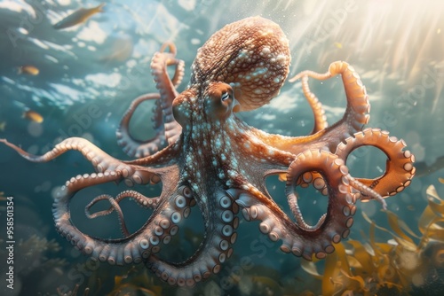 Vibrant octopus in sunlit underwater scene AI