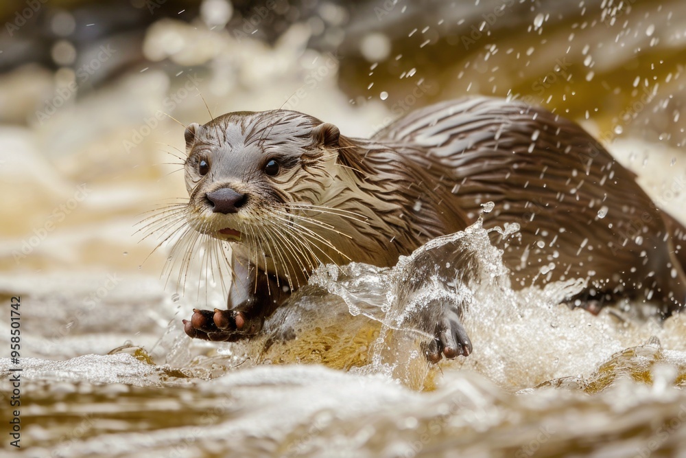 Playful otter splashes through flowing river in vibrant nature scene AI Playful otter splashes through flowing river in vibrant nature scene AI