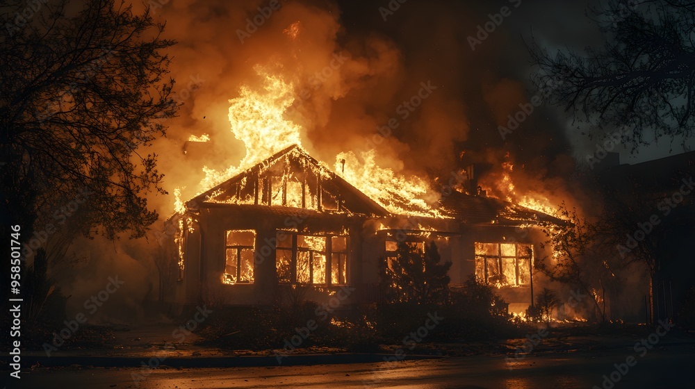 Residential house on fire, night scene with flames raging through the structure, smoke billowing, ideal for insurance purposes and emergency documentation Residential house on fire, night scene with flames raging through the structure, smoke billowing, ideal for insurance purposes and emergency documentation
