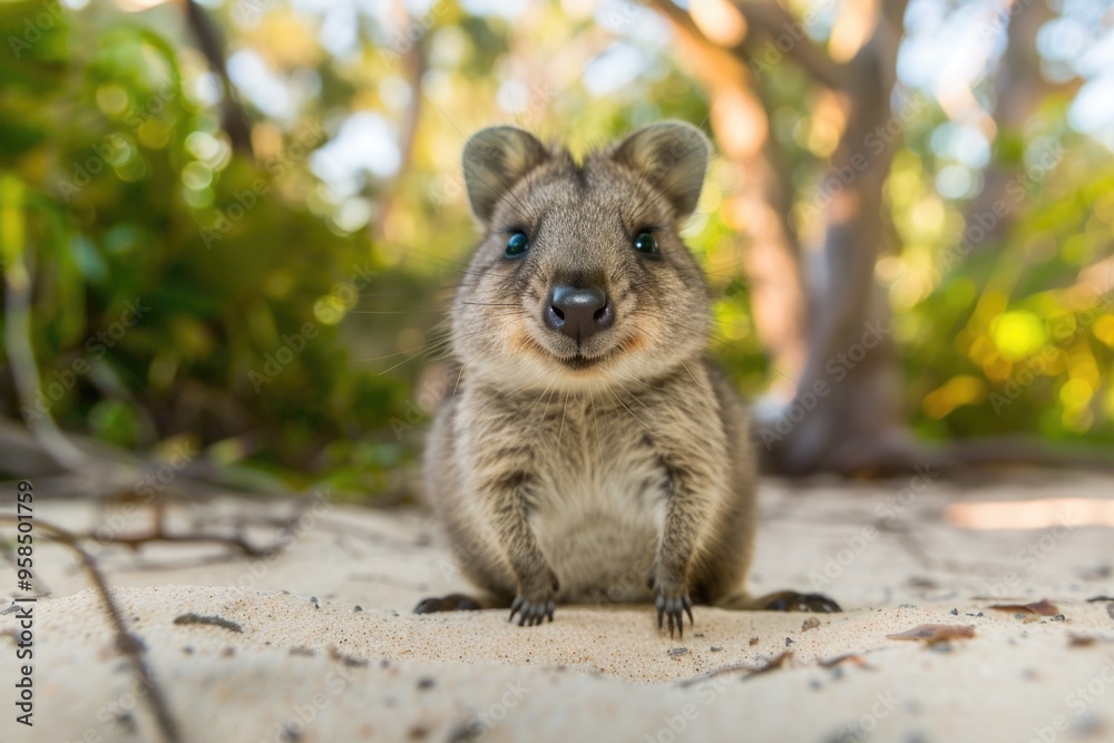 Obraz premium Curious quokka on sandy beach with vibrant greenery in background AI