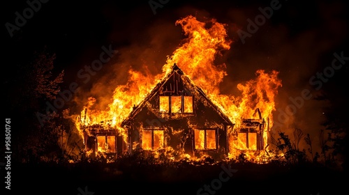 Roaring fire at night, house completely ablaze, flames and smoke pouring from roof and windows, darkened surroundings, high detail for insurance purposes