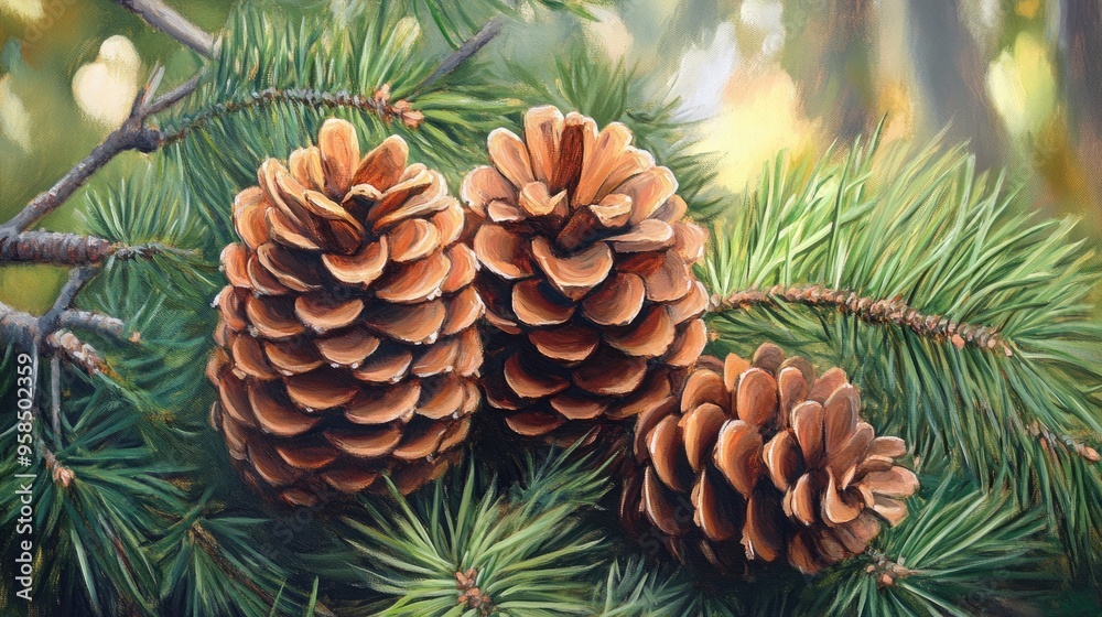 Oil painting showcasing cones from a European spruce tree highlighting their intricate details and natural beauty Oil painting showcasing cones from a European spruce tree highlighting their intricate details and natural beauty