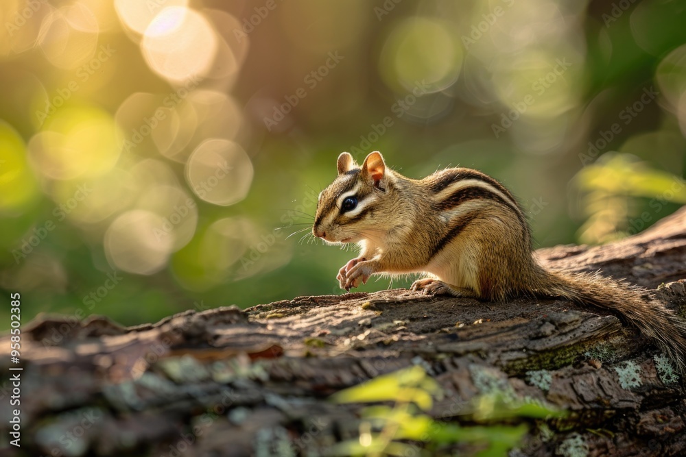 Chipmunk in sunlit forest with bokeh background in tranquil nature setting AI Chipmunk in sunlit forest with bokeh background in tranquil nature setting AI