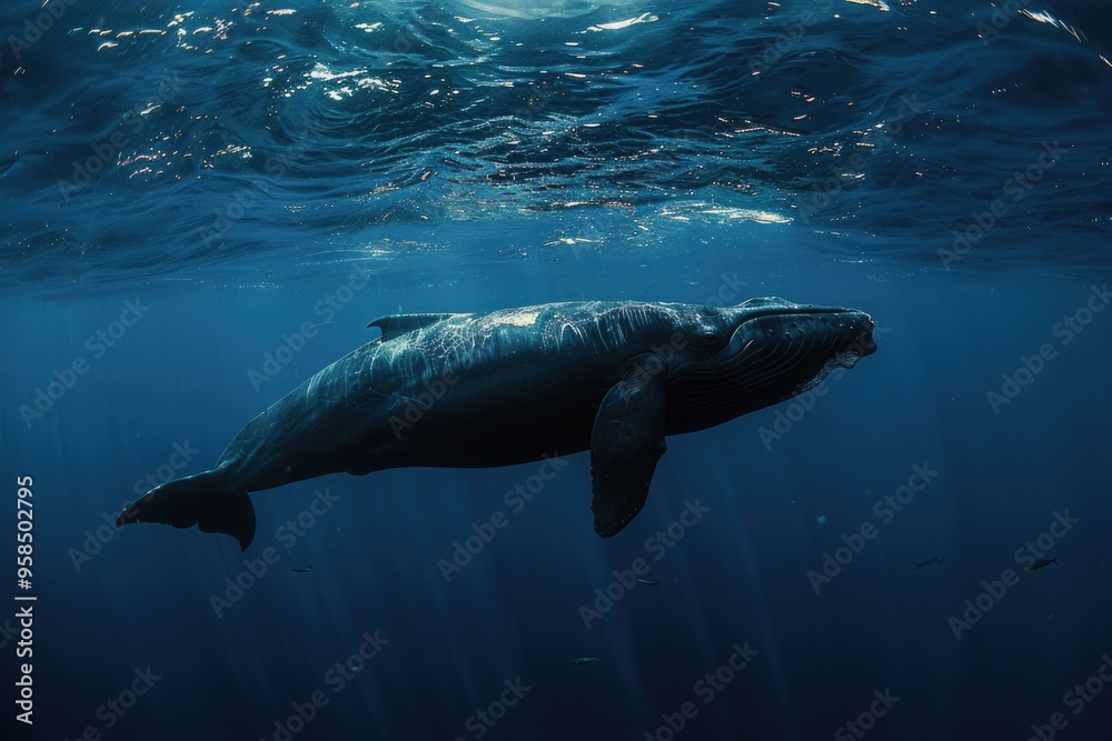 Majestic sperm whale swimming in tranquil ocean depths AI Majestic sperm whale swimming in tranquil ocean depths AI