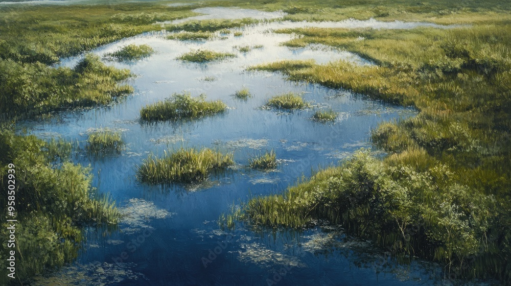Aerial view of natural marshland depicted in an oil painting showcasing the beauty of diverse wetlands Aerial view of natural marshland depicted in an oil painting showcasing the beauty of diverse wetlands
