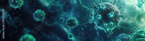 Close-up view of intricate virus structures in a dark green and blue atmosphere, symbolizing health and microscopic science.