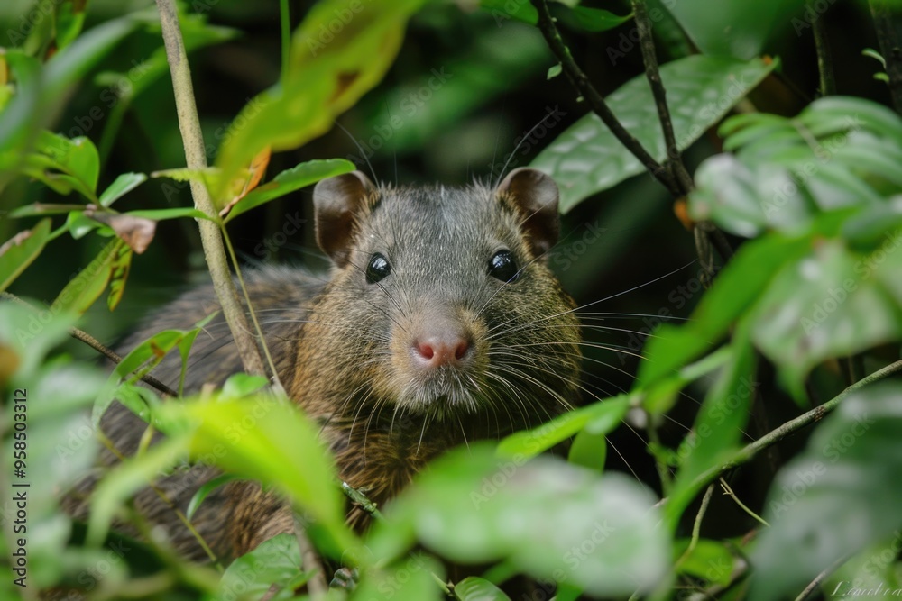 Curious agouti nestled among lush green foliage in a tropical rainforest scene AI Curious agouti nestled among lush green foliage in a tropical rainforest scene AI