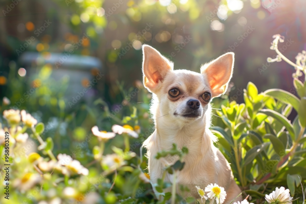 Charming chihuahua among blooming flowers in sunlit garden AI Charming chihuahua among blooming flowers in sunlit garden AI