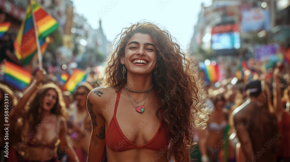 Smiling woman enjoying a lively LGBTQ+ pride parade with rainbow flags and festive crowd
Smiling woman enjoying a lively LGBTQ+ pride parade with rainbow flags and festive crowd