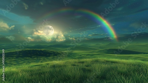 Landscape with moon and green hills of flood meadows. 3d render evening rainbow