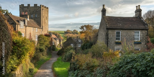 Fototapeta Naklejka Na Ścianę i Meble -  A small village with a cobblestone road and houses with thatched roofs. The houses are surrounded by trees and bushes