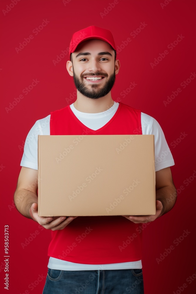 A man in a red shirt and white hat is holding a cardboard box. He is smiling and he is happy A man in a red shirt and white hat is holding a cardboard box. He is smiling and he is happy