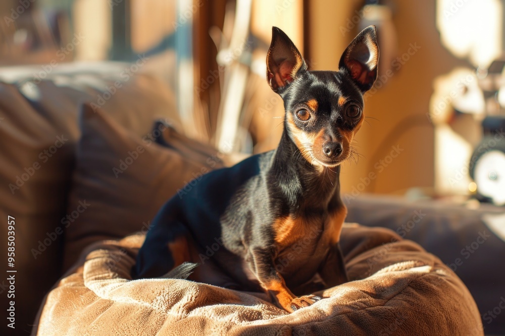 Playful miniature pinscher resting on a comfortable cushion in sunlit room AI Playful miniature pinscher resting on a comfortable cushion in sunlit room AI