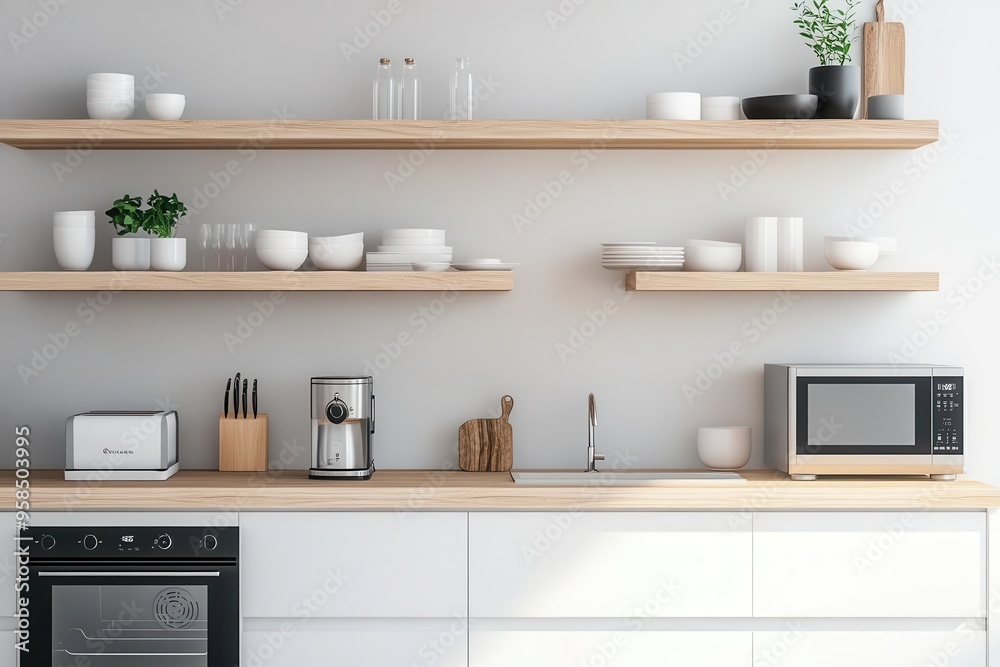 A modern minimalist kitchen design featuring wooden floating shelves, clean countertops, and essential appliances in a bright, organized space.
A modern minimalist kitchen design featuring wooden floating shelves, clean countertops, and essential appliances in a bright, organized space.