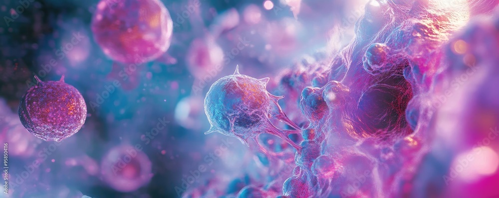Colorful abstract depiction of cells, showcasing intricate details of biology and life at a microscopic level in vibrant hues. Colorful abstract depiction of cells, showcasing intricate details of biology and life at a microscopic level in vibrant hues.