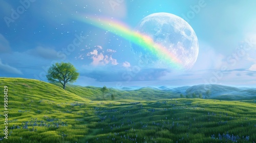 Landscape with moon and green hills of flood meadows. 3d render evening rainbow