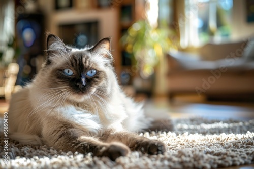 Relaxed ragdoll cat in sunlit living room ambiance - perfect for pet lovers and home decor inspiration AI photo