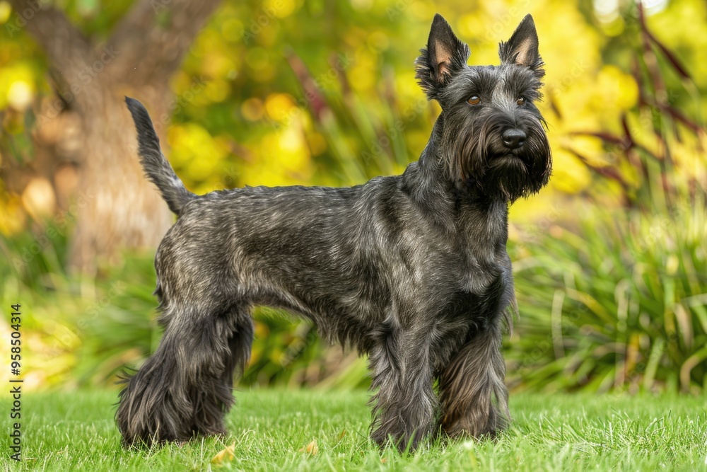Majestic scottish terrier in lush green garden setting AI Majestic scottish terrier in lush green garden setting AI