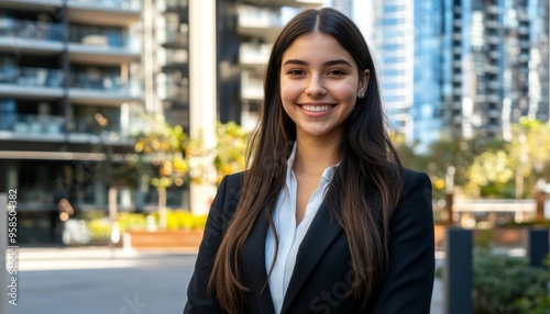 Portrait of happy female real estate agent，Confident Female Realtor: Empowered Professional Embracing Cultural Diversity in Modern Workplace. Abstract Marketing Background Showcasing Success, Inclusiv photo