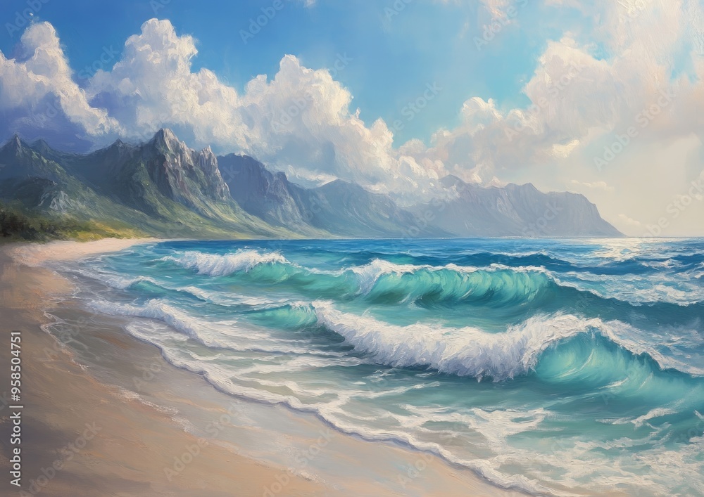 Oil painting depicting a coastal landscape with waves and serene skies Oil painting depicting a coastal landscape with waves and serene skies