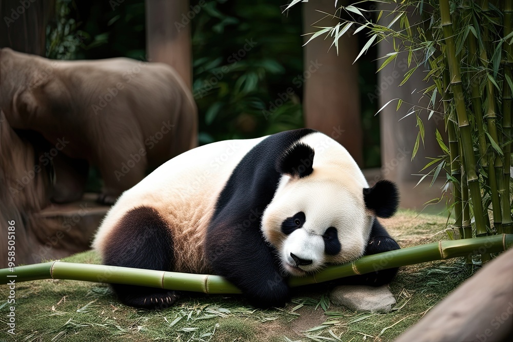 Fototapeta premium Sleepy Panda Relaxing on Bamboo in Tranquil Sanctuary Environment
