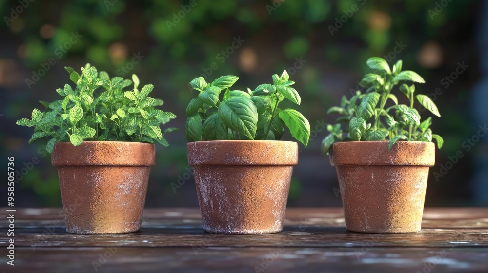 Charming green plants in terracotta pots, showcasing vibrant growth against a blurred green background. Charming green plants in terracotta pots, showcasing vibrant growth against a blurred green background.