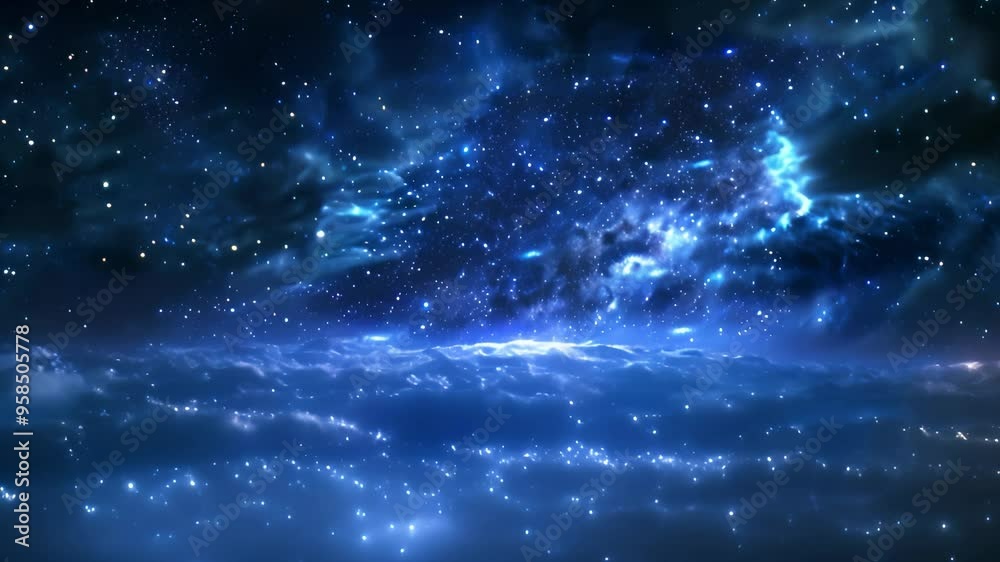 Particle starry sky above high-altitude clouds