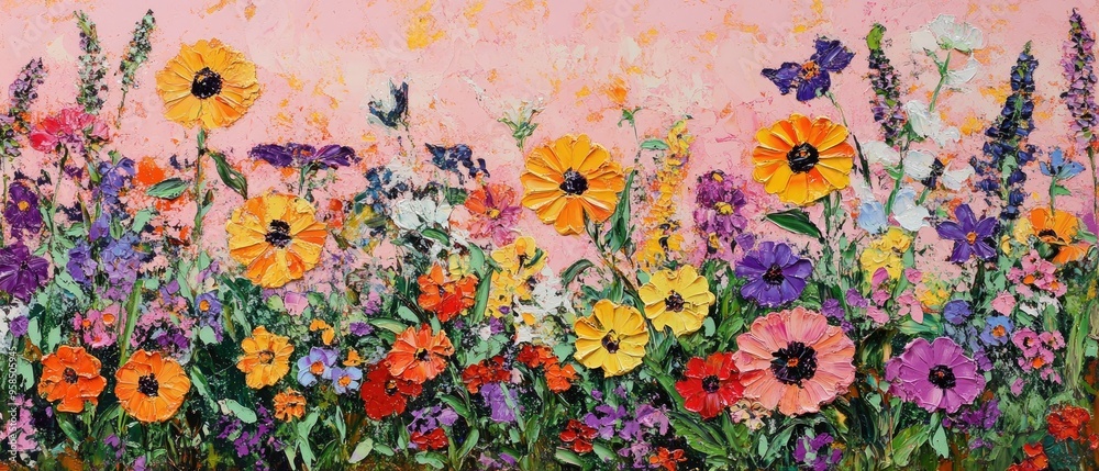 Vibrant oil painting of blossoms in a natural setting showcasing a diverse array of flowers amidst the beauty of the countryside Vibrant oil painting of blossoms in a natural setting showcasing a diverse array of flowers amidst the beauty of the countryside