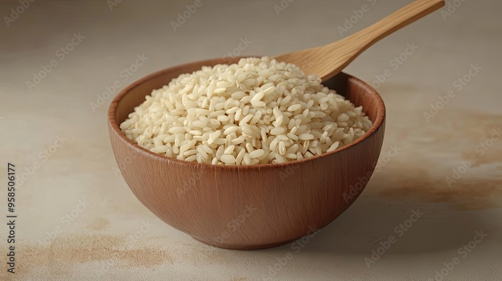 A close-up of uncooked rice in a wooden bowl, showcasing its texture and natural color, perfect for food-related visuals. A close-up of uncooked rice in a wooden bowl, showcasing its texture and natural color, perfect for food-related visuals.