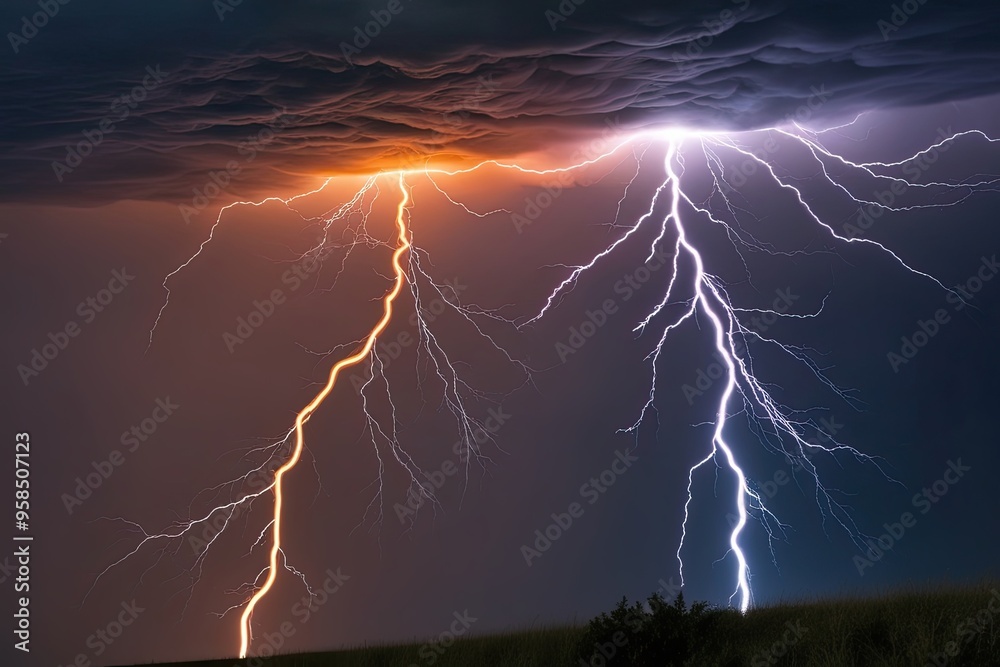 Vivid Orange and Blue Lightning Storm Against Clear Sky Background Vivid Orange and Blue Lightning Storm Against Clear Sky Background