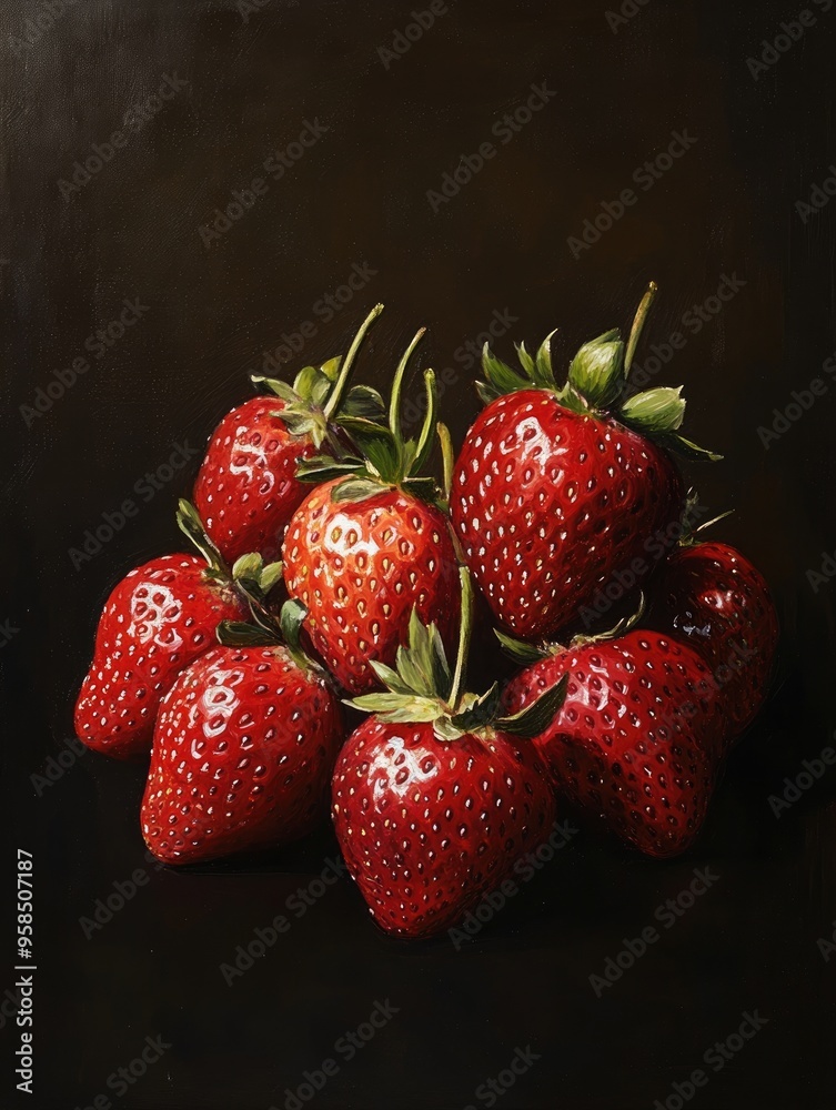 Oil painting depicting a cluster of fresh strawberries against a dark backdrop showcasing their vibrant color and texture Oil painting depicting a cluster of fresh strawberries against a dark backdrop showcasing their vibrant color and texture