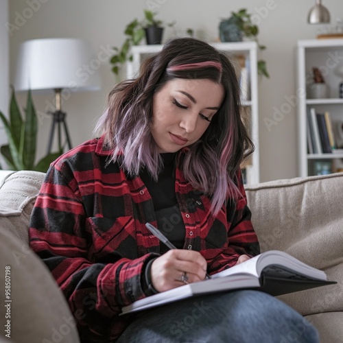 young woman writing in notebook while sitting on sofa in living room at home