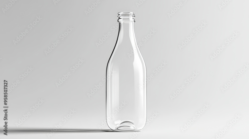A clear, empty glass bottle stands against a plain white background, showcasing its minimalist and transparent design. A clear, empty glass bottle stands against a plain white background, showcasing its minimalist and transparent design.