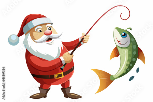 Santa Claus fishing vector art, Christmas fishing with rod illustration
