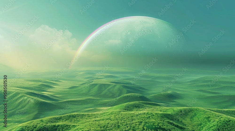 Landscape with moon and green hills of flood meadows. 3d render evening rainbow Landscape with moon and green hills of flood meadows. 3d render evening rainbow