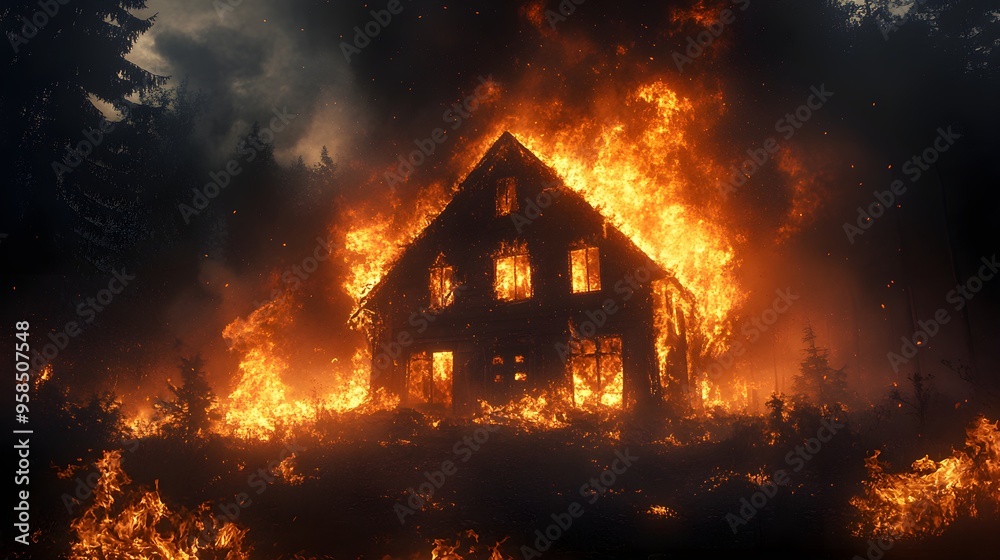 Windstorm-fueled house fire at night, embers flying into the dark sky, intense flames licking at the structure, chaotic yet cinematic scene Windstorm-fueled house fire at night, embers flying into the dark sky, intense flames licking at the structure, chaotic yet cinematic scene
